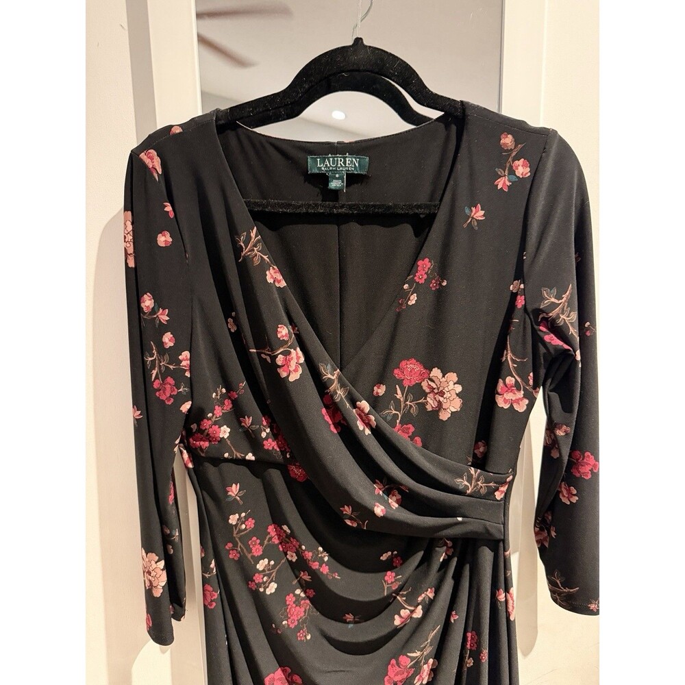 Lauren Ralph Lauren Black Floral Sheath Dress Ruched V-Neck 3/4 Sleeve